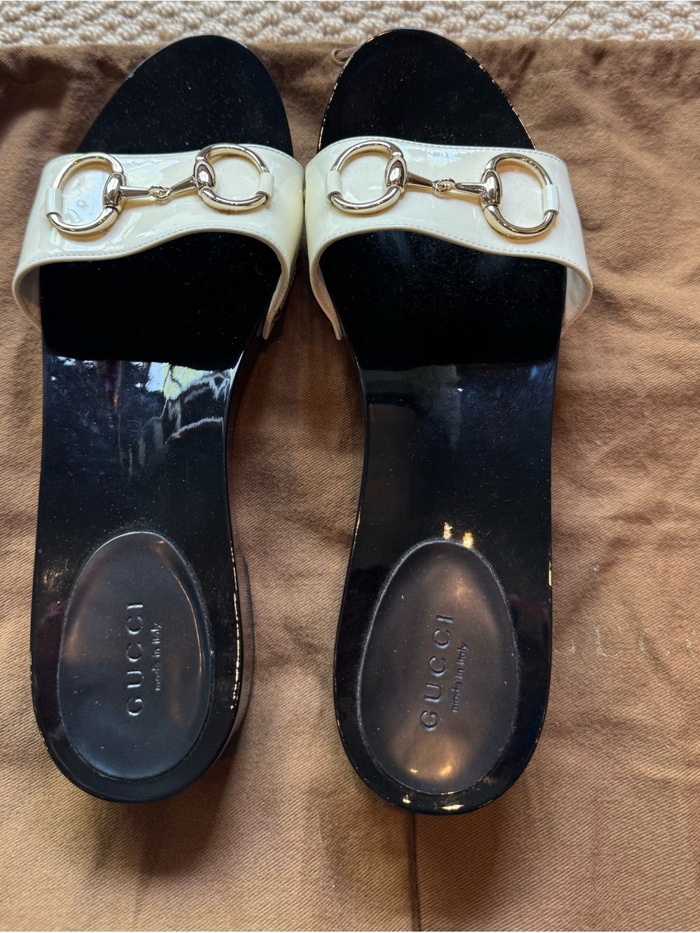 Gucci Black & Cream Patent Leather Horsebit Slide Mules